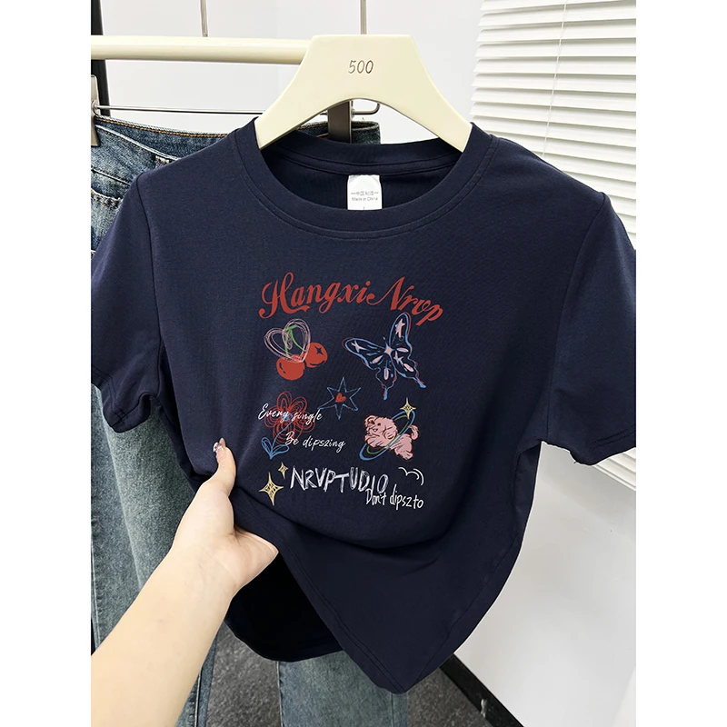 韩版洋气印花别致圆领短袖T恤女夏季设计感小个子正肩显瘦上衣ins
