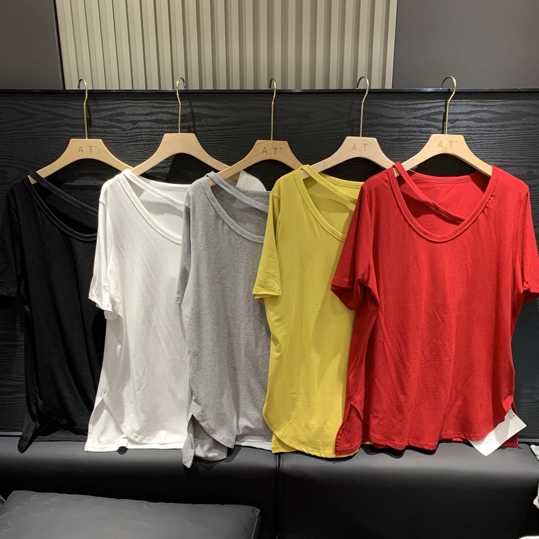 （老三）韩版纯色百搭U型领休闲风短袖杂志风显瘦宽松简约风T恤款