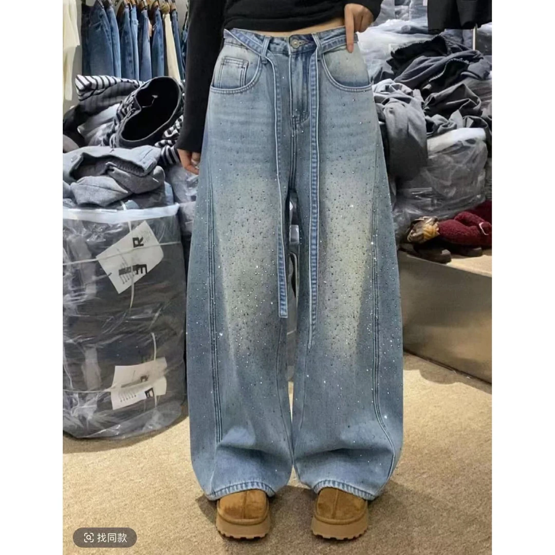 冬季新款潮流烫钻设计感牛仔裤梨形身材显瘦高腰阔腿裤33877