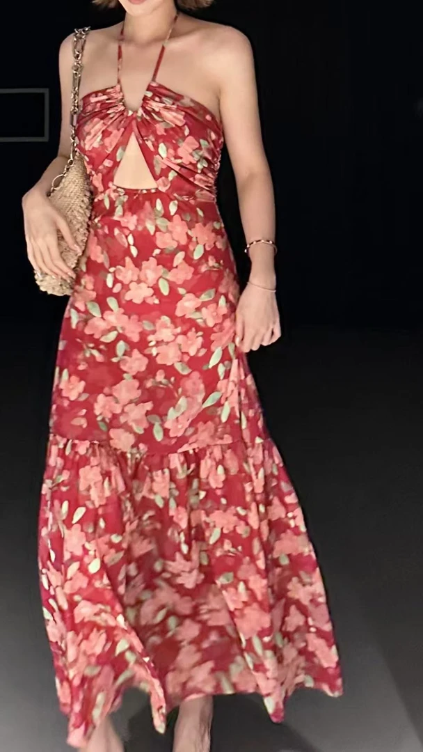 森系风红色印花挂脖连衣裙88809