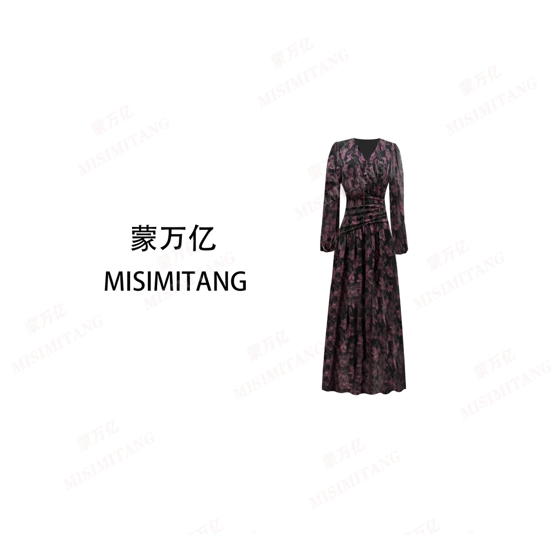【云裳长款】春款上新紫色度假轻奢女装连衣裙碎花显瘦长袖
