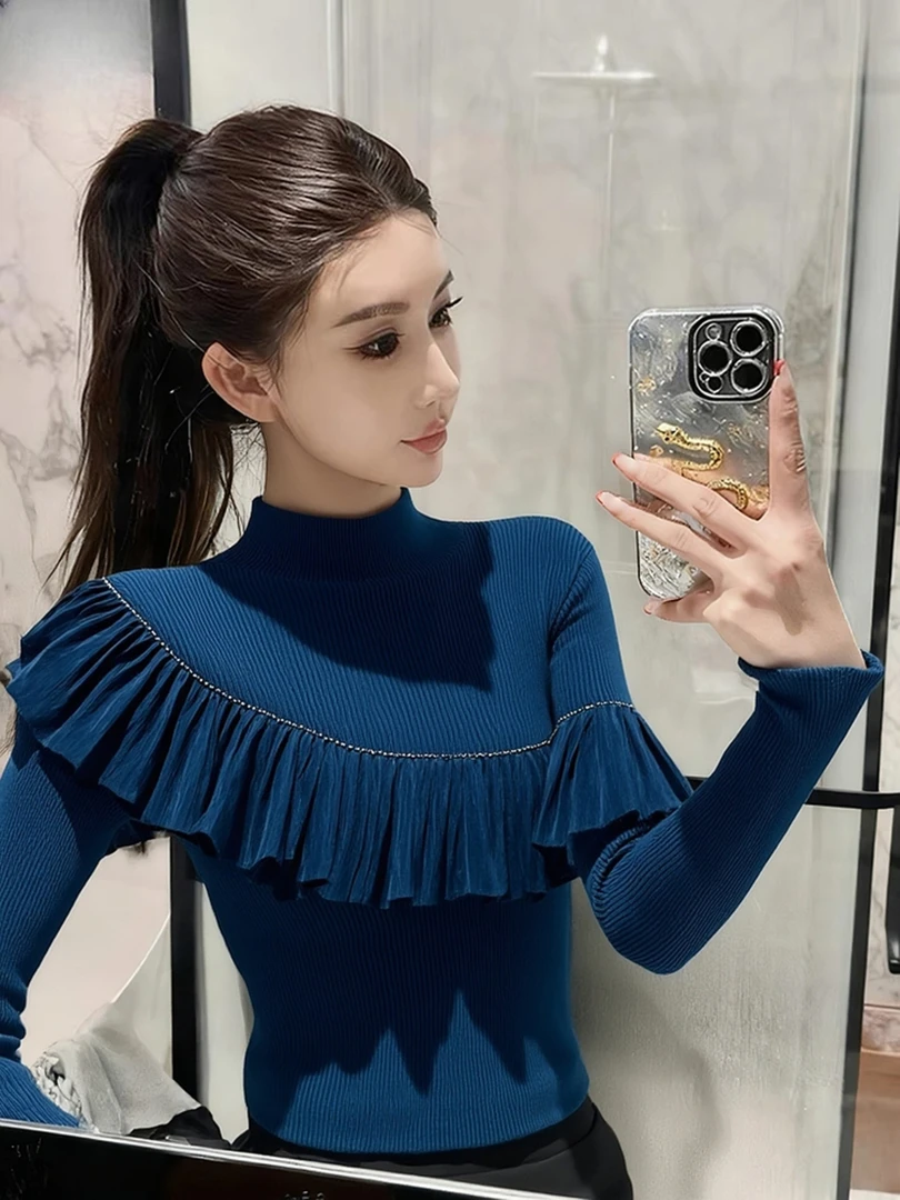 孔雀蓝荷叶边拼接毛衣女装秋冬高级感轻熟气质修身打底衫洋气上衣