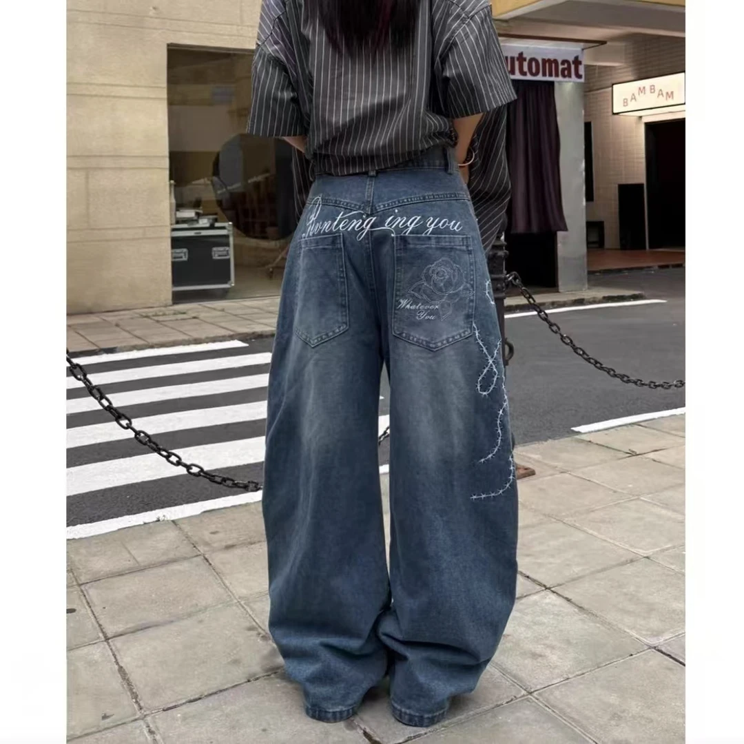 美式水洗做旧玫瑰刺绣牛仔裤女街头泽西风宽松廓形阔腿弯刀裤