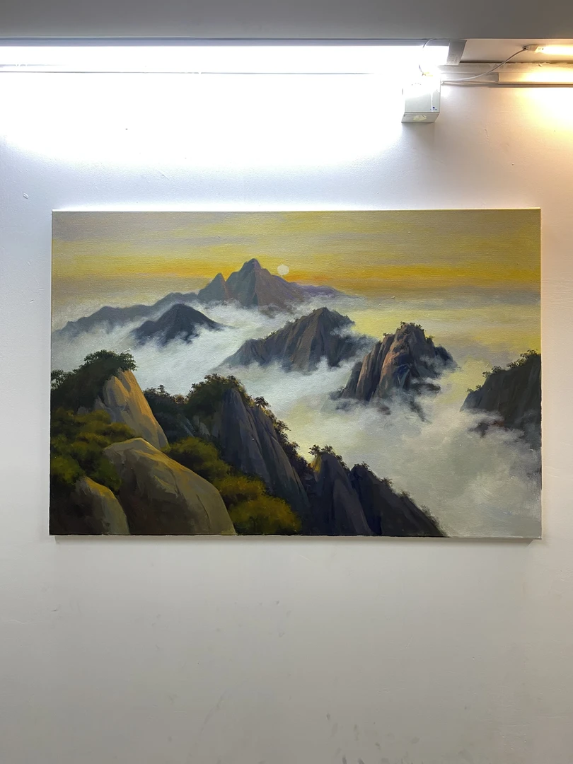 《日照泰山》1手绘油画客厅装饰画新中式简约山水风景挂画书房壁画