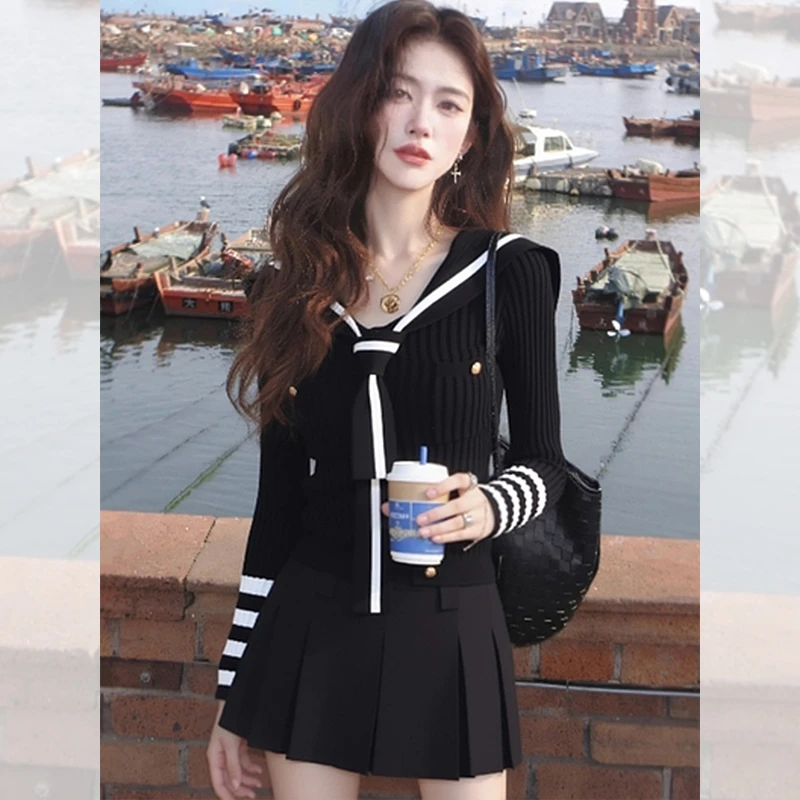 打底衫女爆款2025新款海军领黑色系带内搭针织衫洋气高贵上衣秋冬