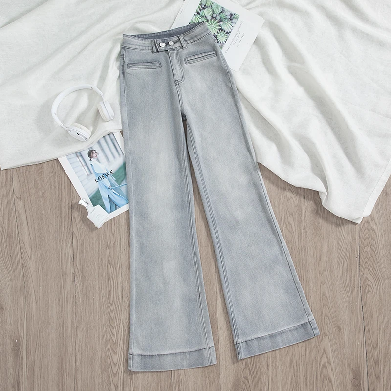 高腰阔腿微喇牛仔裤女夏季薄款新款修身宽松显瘦百搭裤子9802