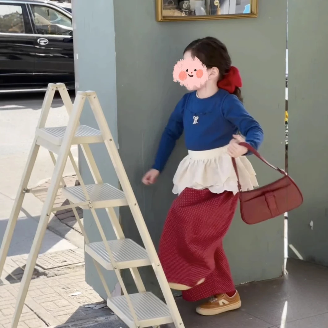 韩版童装女童多巴胺套装2025早春洋气上衣网纱屁帘红色休闲裤