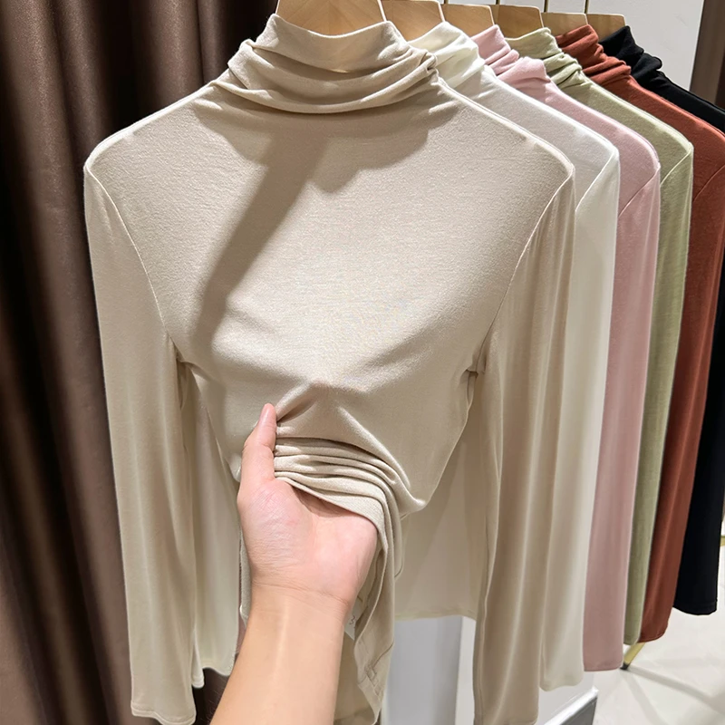 莫代尔薄款高领打底衫女秋冬内搭堆堆领打底衫女款爆款新款秋冬