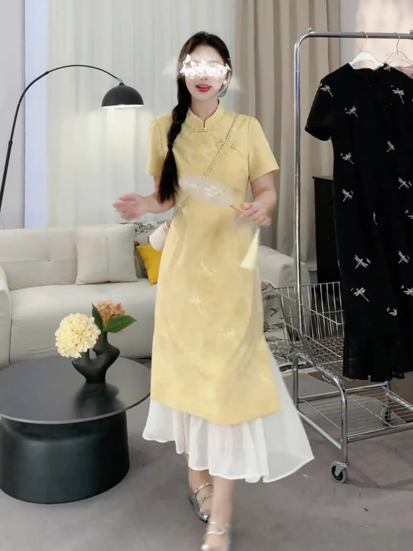 大码新中式改良旗袍连衣裙女装夏季高级感垂感裙子胖MM显瘦A字裙