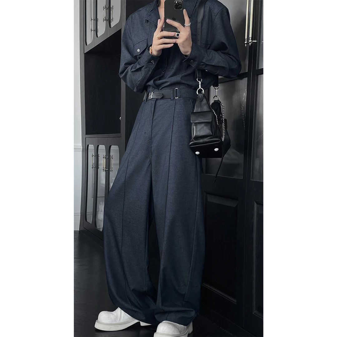 春季新款潮流复古拼接口袋衬衫宽松垂感弯刀休闲长裤套装