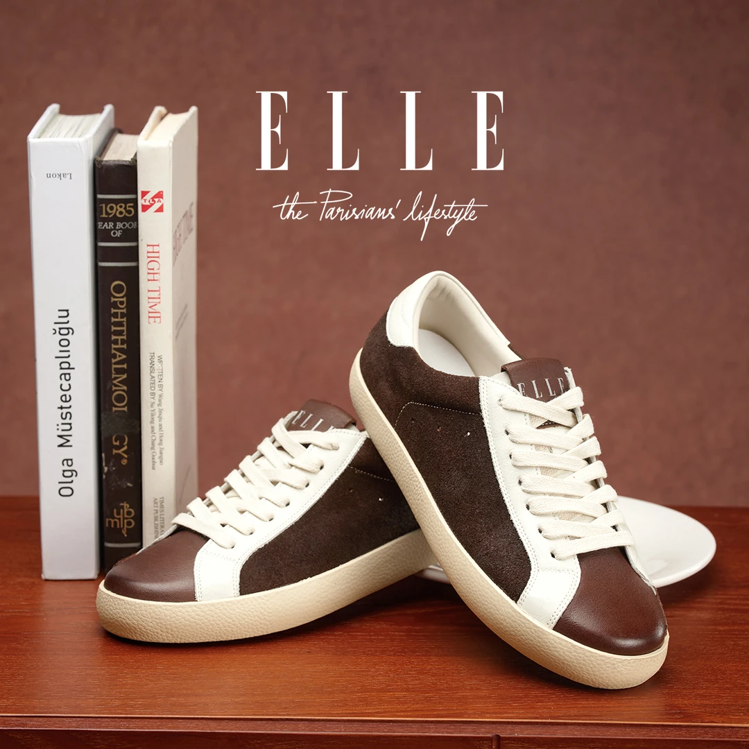 ELLE巴黎风尚棕白拼色板鞋女款轻奢质感舒适不磨脚复古全皮休闲鞋
