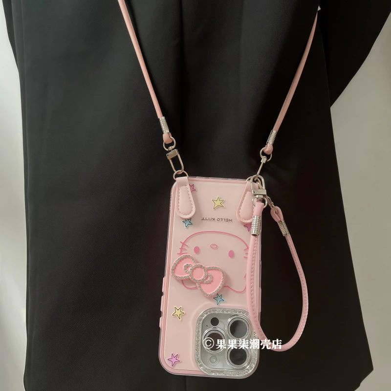 粉色kt蝴蝶结斜挎手机壳适用iPhone16promax苹果15腕带14挂绳13女