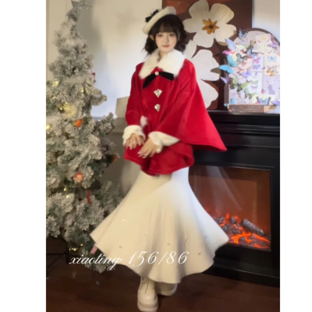 【Synw婷婷】留洋千金 新年红色斗篷毛呢夹棉山茶花圣诞套装