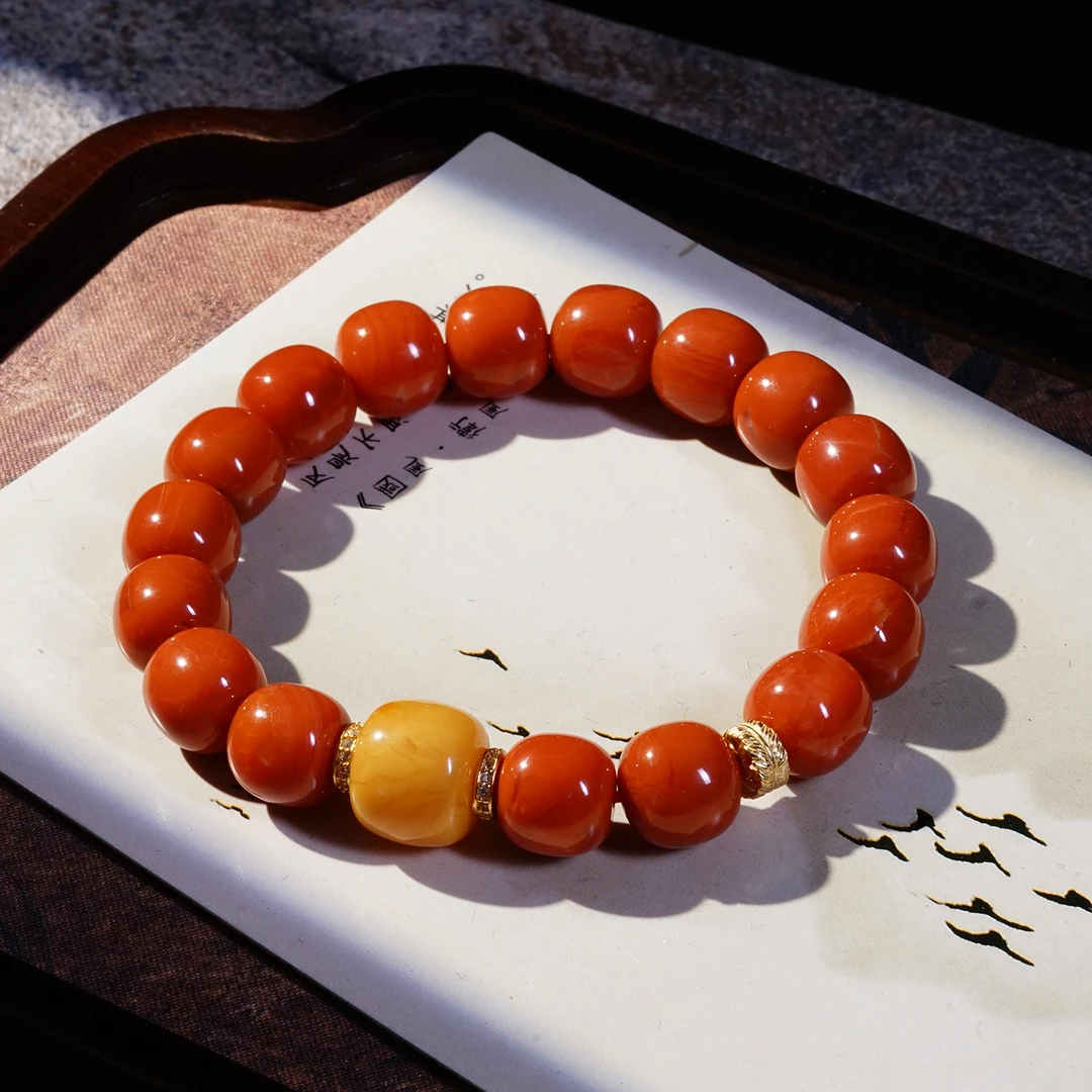 【鸿运】鎏黄蜜蜡南红复古百搭手串（尺寸：约10mm）