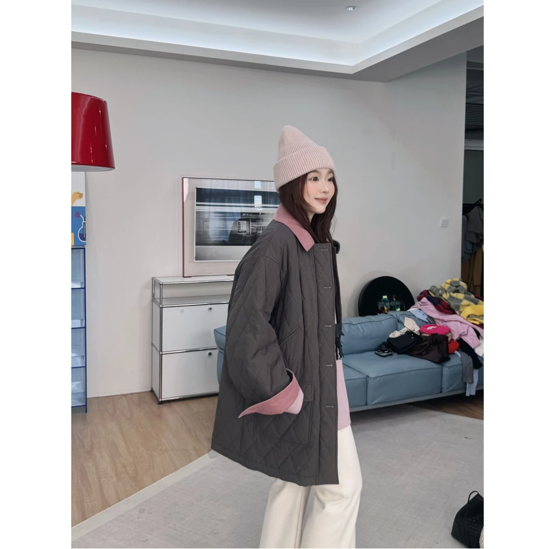 晶咕【北海道之约】撞色灯芯绒拼接菱格宽松轻薄棉服外套