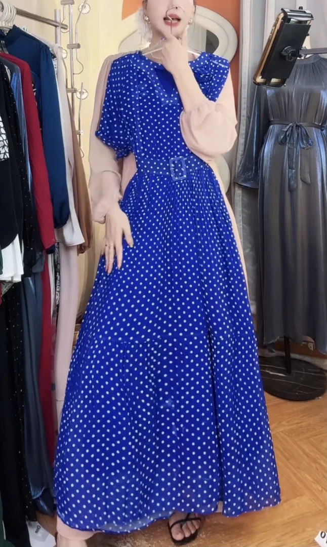 夏季显瘦时尚连衣裙修身轻奢法式气质长裙波点【 167# - 蓝色 】