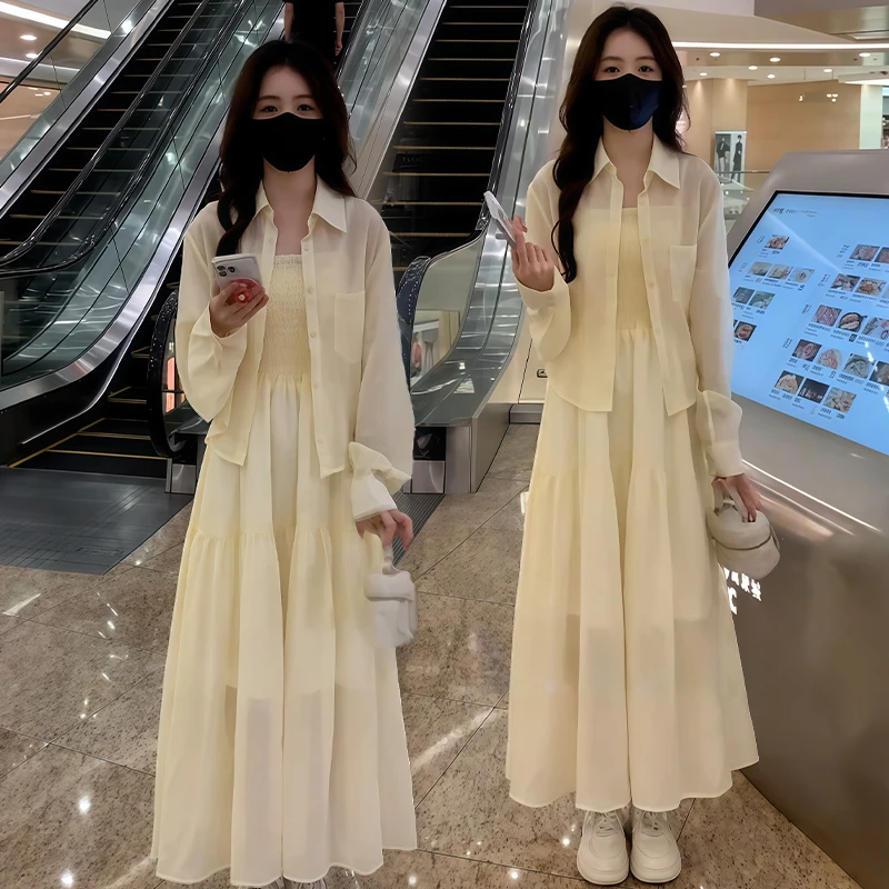 法式时尚小清新套装女2025年夏季新款休闲吊带长裙宽松衬衫两件套