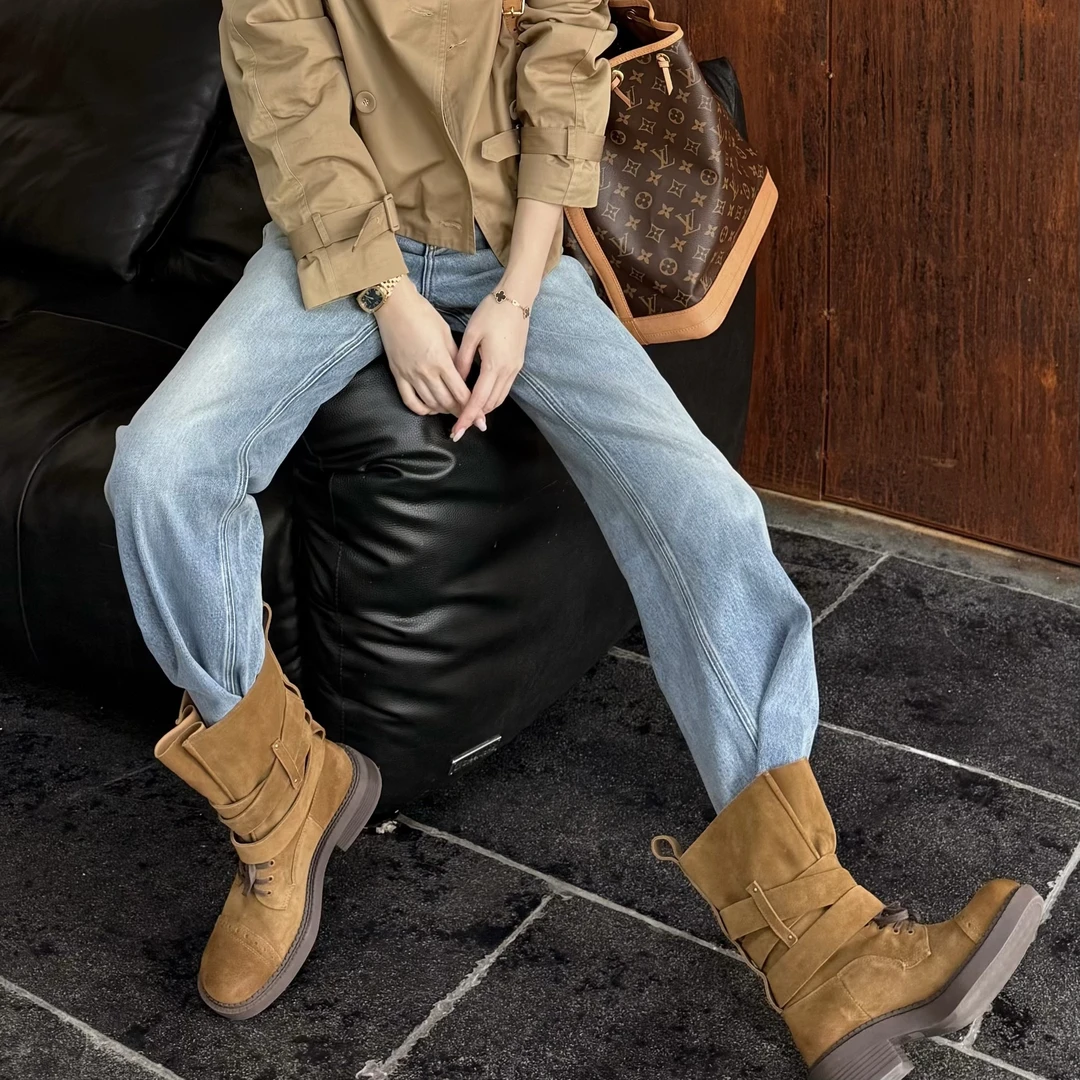 王嬛嬛MsLime25年新款【栗步】高丝光牛反绒皮革高筒靴子 HD2C0314