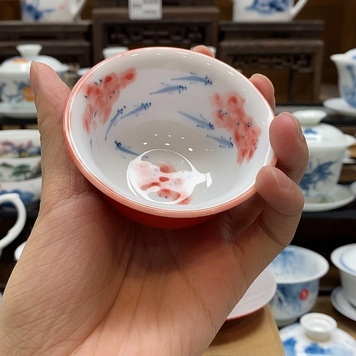 手绘龙船花压手杯85cc釉下彩微瑕福利款