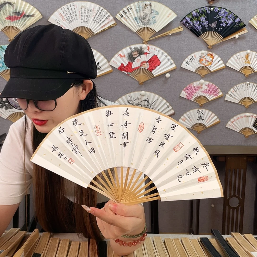 国画6寸玉竹-纯手绘-文玩扇骨（默认粘好）