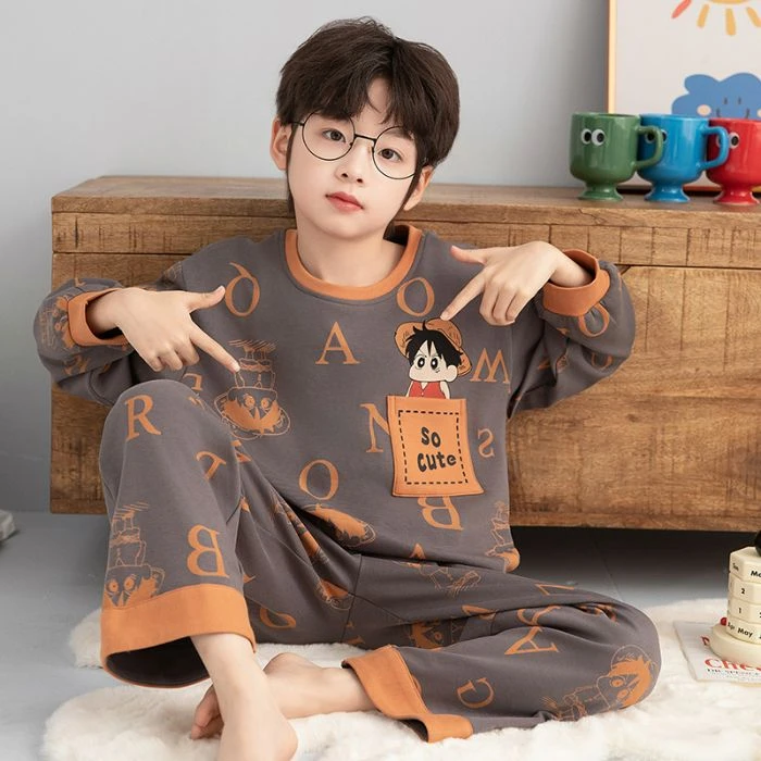 儿童睡衣新款春秋季纯棉长袖男童青少年家居服卡通学生中大童套装