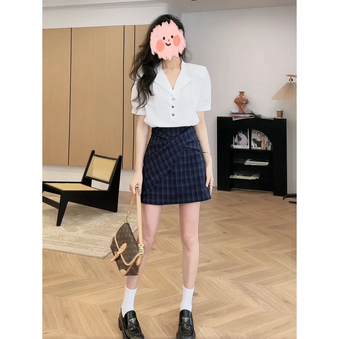2025夏季洋气简约通勤短袖衬衫百搭格子半身裙气质套装洋气衣服女