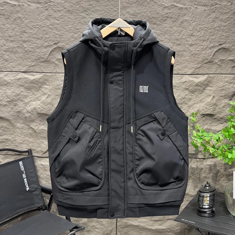 潮牌针织加拼接连帽背心男士秋冬季修身青年痞帅工装百搭休闲外套