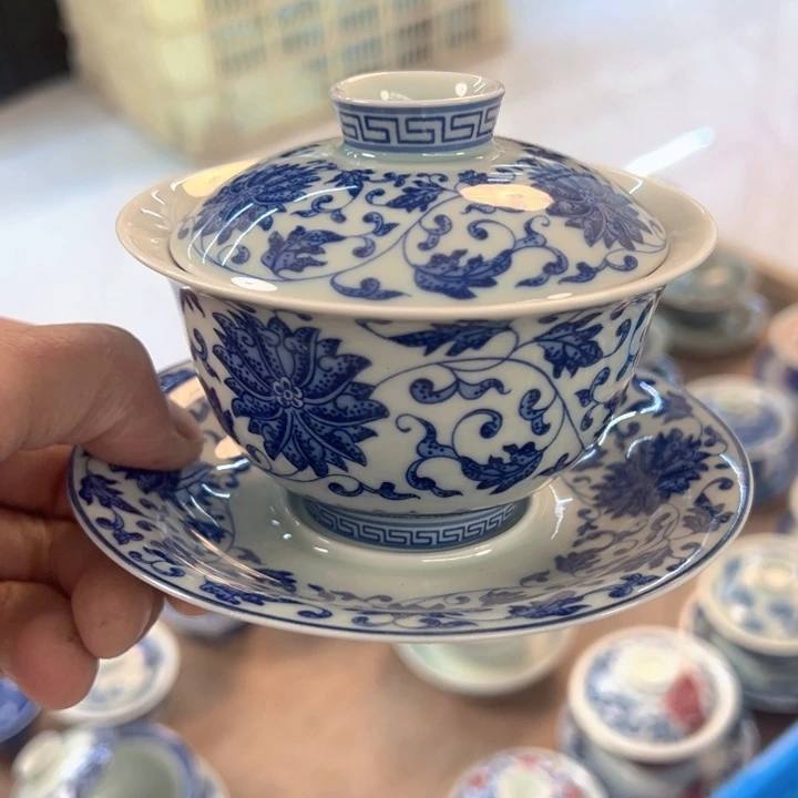 瓷片白青花缠枝莲元宝盖碗全品