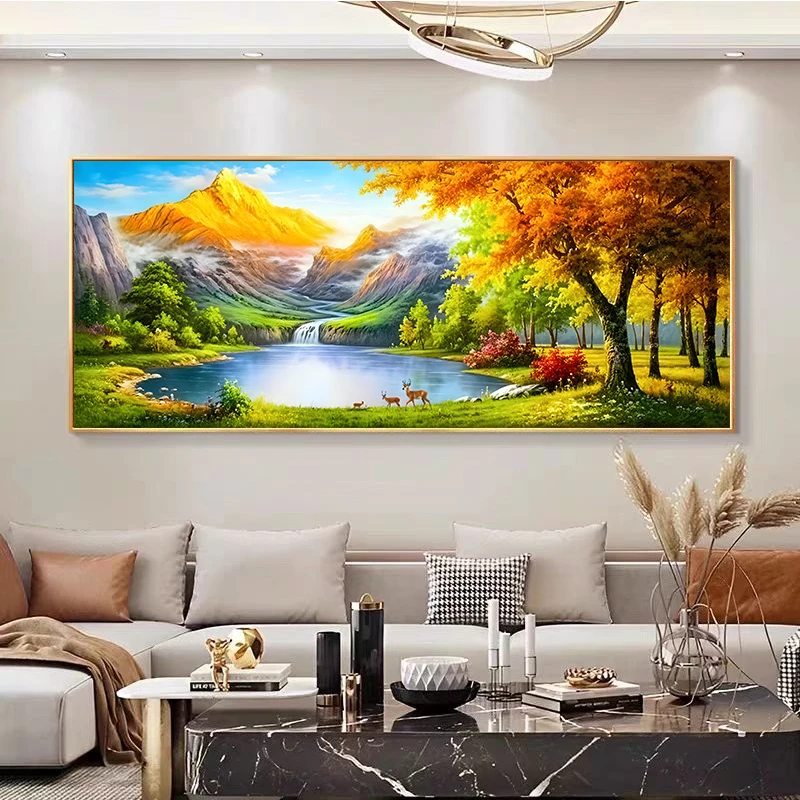 新款轻奢金山聚宝盆山水画沙发客厅背景墙壁画办公室晶瓷装饰挂画