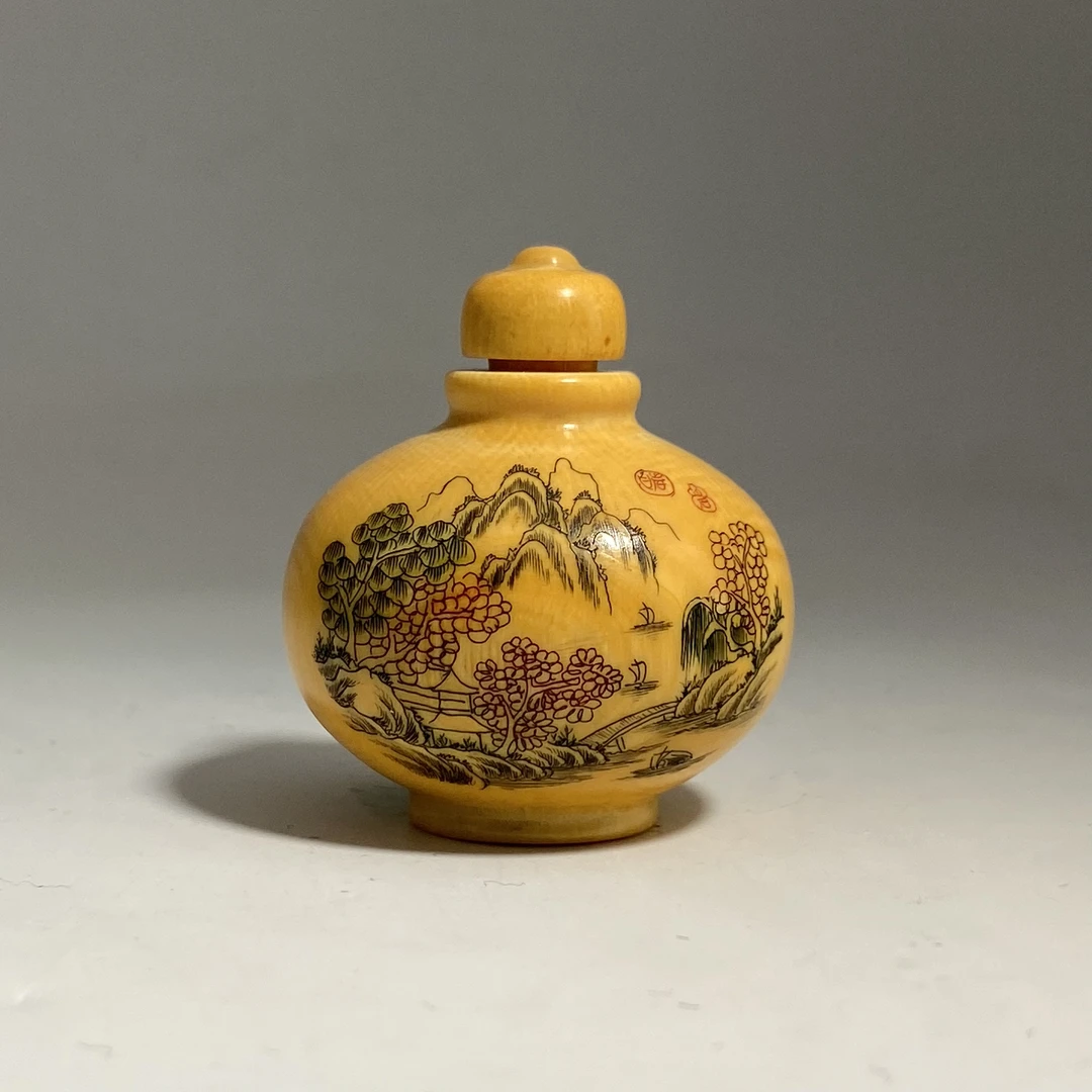 猛犸牙港工回流件微刻山水鼻烟壶40*35*32mm假一罚四X2378