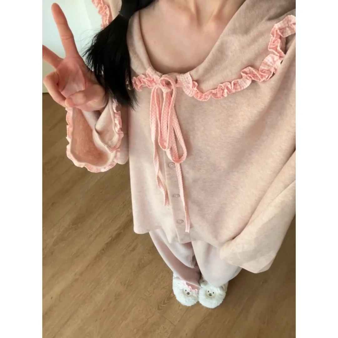 韩系娃娃领蝴蝶结系带德绒睡衣女春秋新款长袖长裤保暖家居服套装