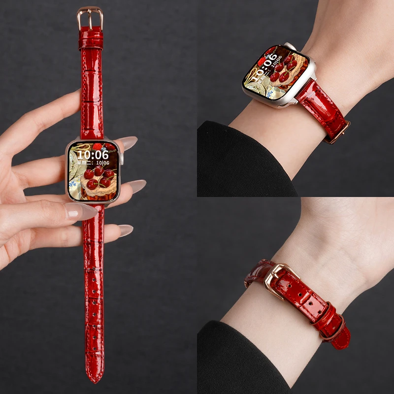 适用苹果手表applewatch S11表带S10竹节纹真皮S9智能8秋冬女腕带