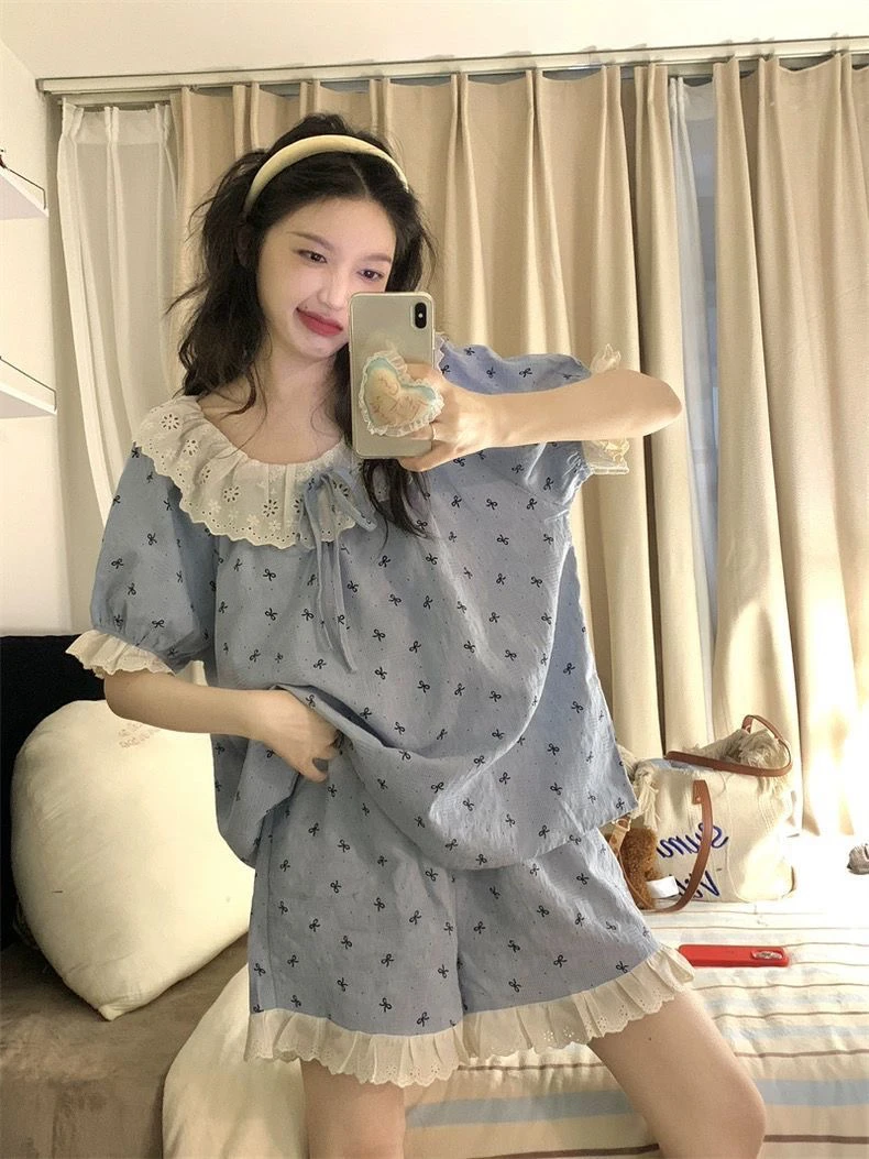 夏季甜美公主风蕾丝边蝴蝶结短袖短裤女睡衣家居服套装