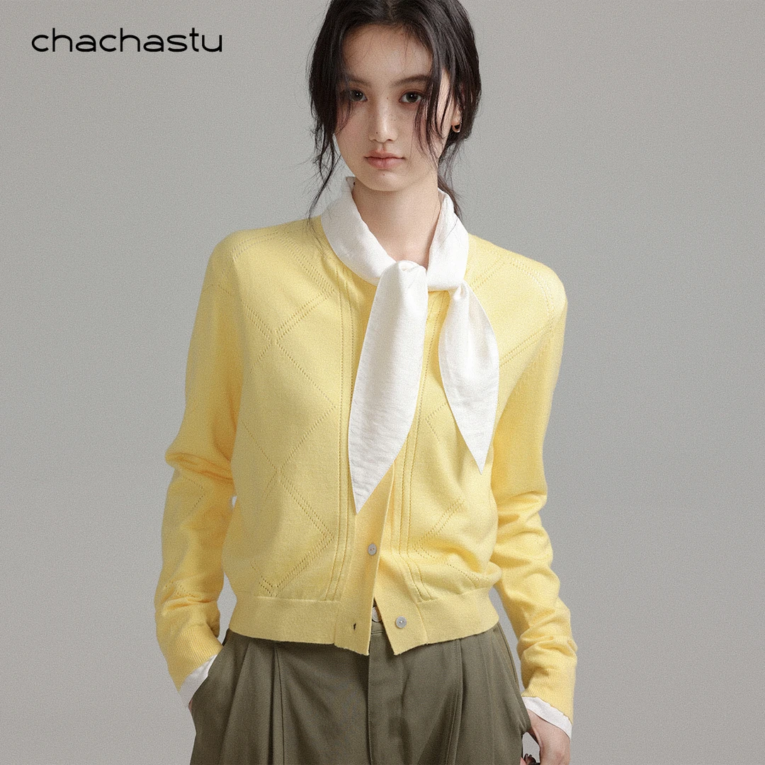 CHACHASTU【深秋】复古几何菱格图形 治愈柠檬黄舒适针织开衫X708