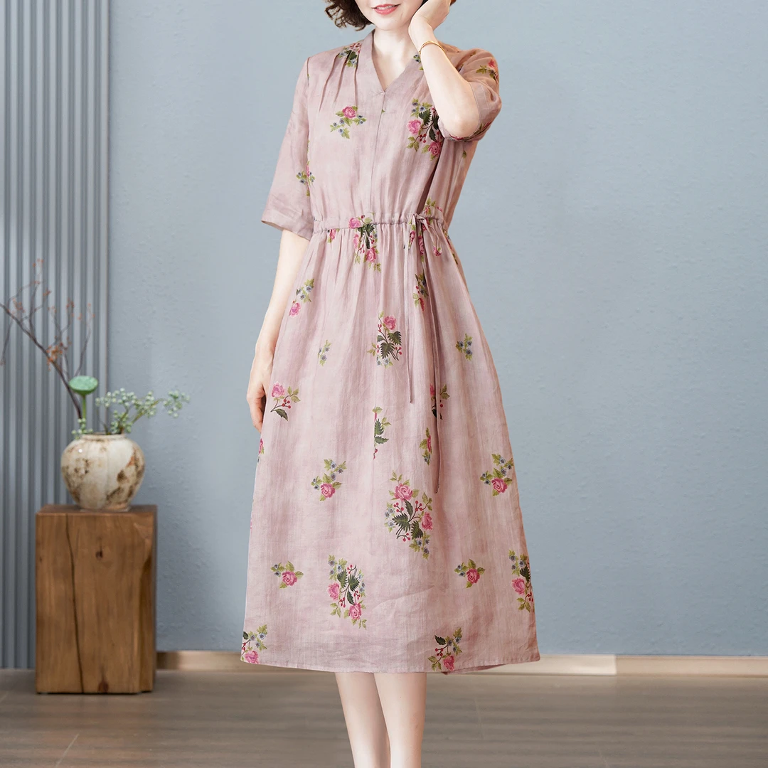 韩穆品牌文艺复古苎麻连衣裙2025夏季时尚气质显瘦高端轻薄长裙子
