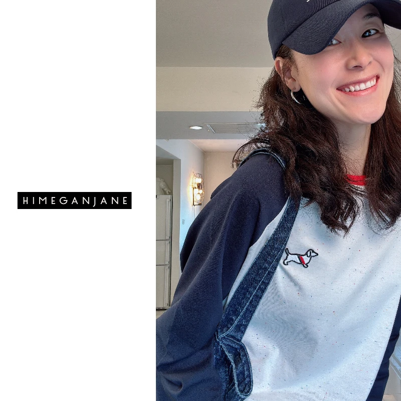 HIMEGANJANE手工彩点 40支双纱爽滑棉撞色插肩袖刺绣小狗上衣0337