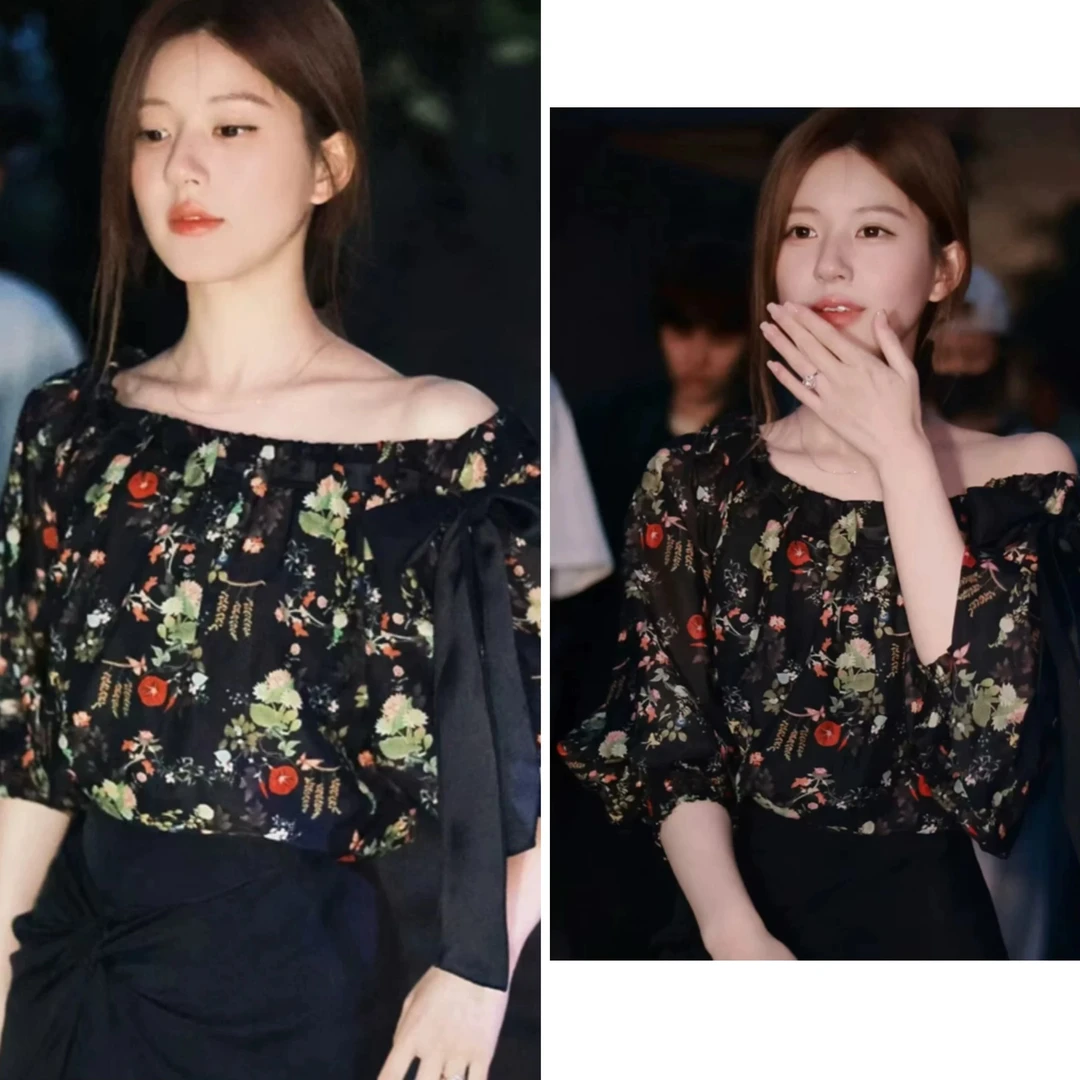 许我耀眼赵露思许妍同款黑色一字肩蝴蝶结印花上衣时尚碎花雪纺衫