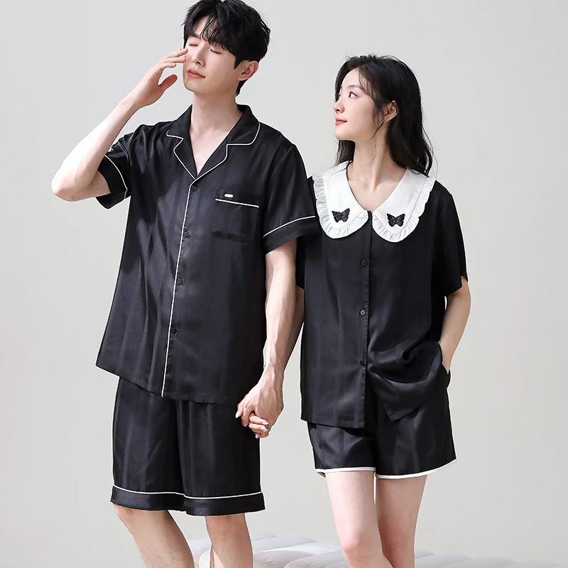 夏季新款短袖短裤宽松简搭舒适透气凉感薄款条纹情侣家居服套装