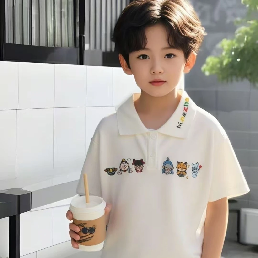 【呆狸高定珠地棉重工刺绣哪吒】2025新款男女童夏季polo衫