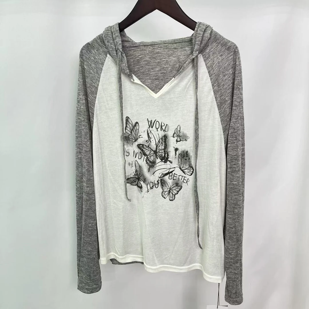 [胖鹅张] 薄款蝴蝶元素拼色连帽罩衫#4466[实物以直播间展示为准]