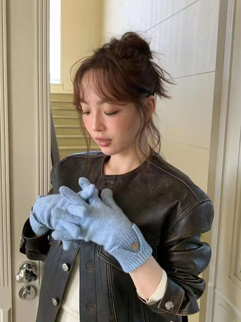 【森林推荐】纽扣开叉气质针织手套ins简约女冬保暖骑行户外防风