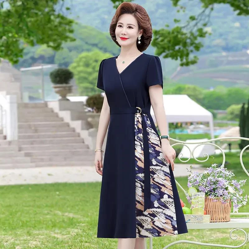 时髦妈妈装夏装新款连衣裙洋气中老年女装夏季短袖雪纺裙子减龄