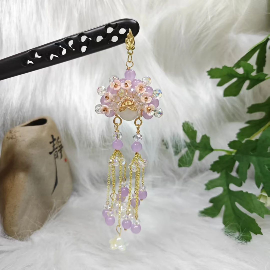 K215原创粉紫色刀马旦15公分发簪气质手工发饰中式纯手工发簪