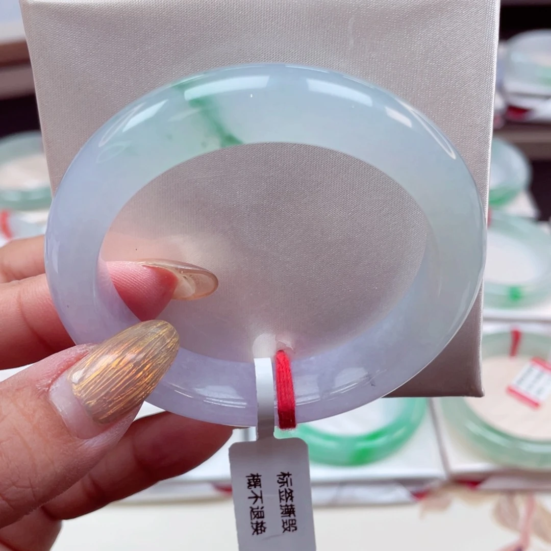 翡翠手镯未镶嵌梦幻冰透起荧光春彩飘花53-54