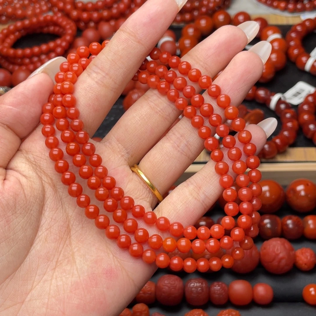 南红玛瑙未镶嵌手串Y5mm收藏滴水洞锦红长链