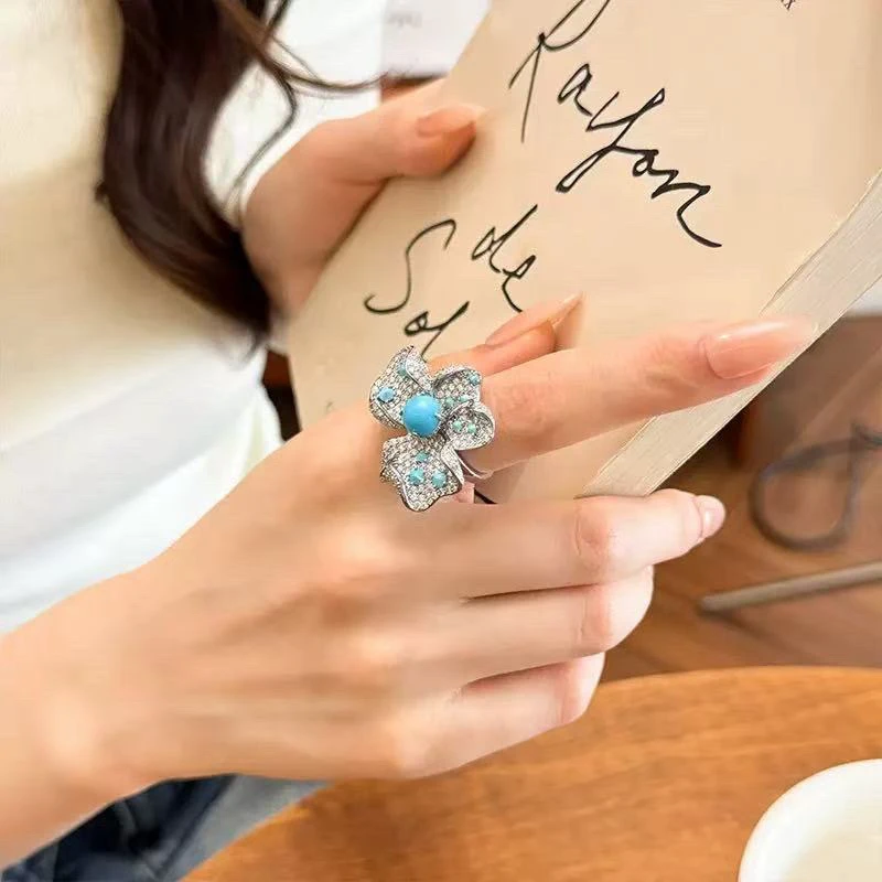 铜合金耳饰 高定花瓣碟木公戒指蓝色精致饰品彩色镶嵌