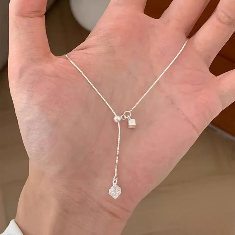 钛钢项链 不掉色方块纹理抽拉调节项链女轻奢小众极简锁骨链