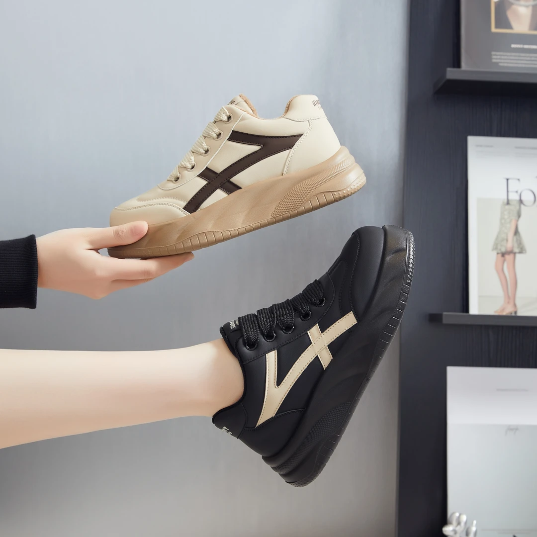 c95723大码时尚高帮女鞋系带纯色时尚保暖女潮流春秋潮鞋厚底运动