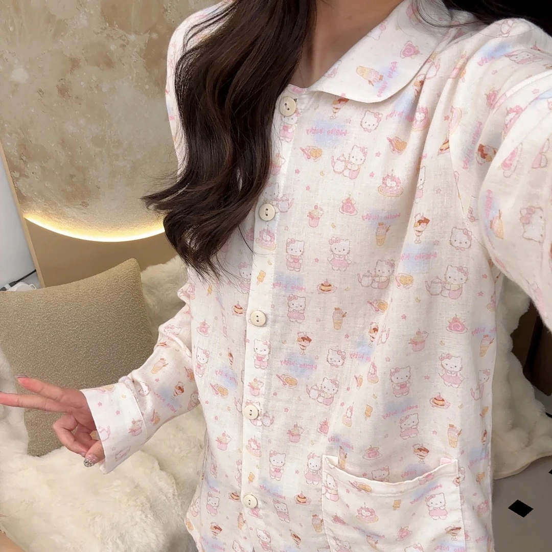 【100%棉双层纱】长袖长裤可爱风全棉睡衣套装四季可穿居家服