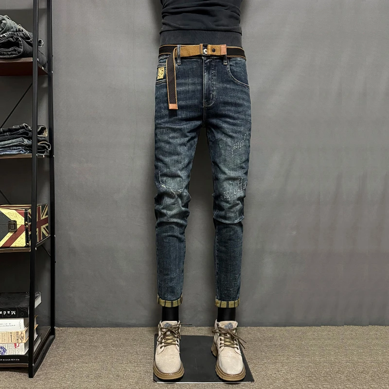 破洞男士牛仔裤修身小脚复古水洗男长裤休闲潮流百搭2025秋冬新款